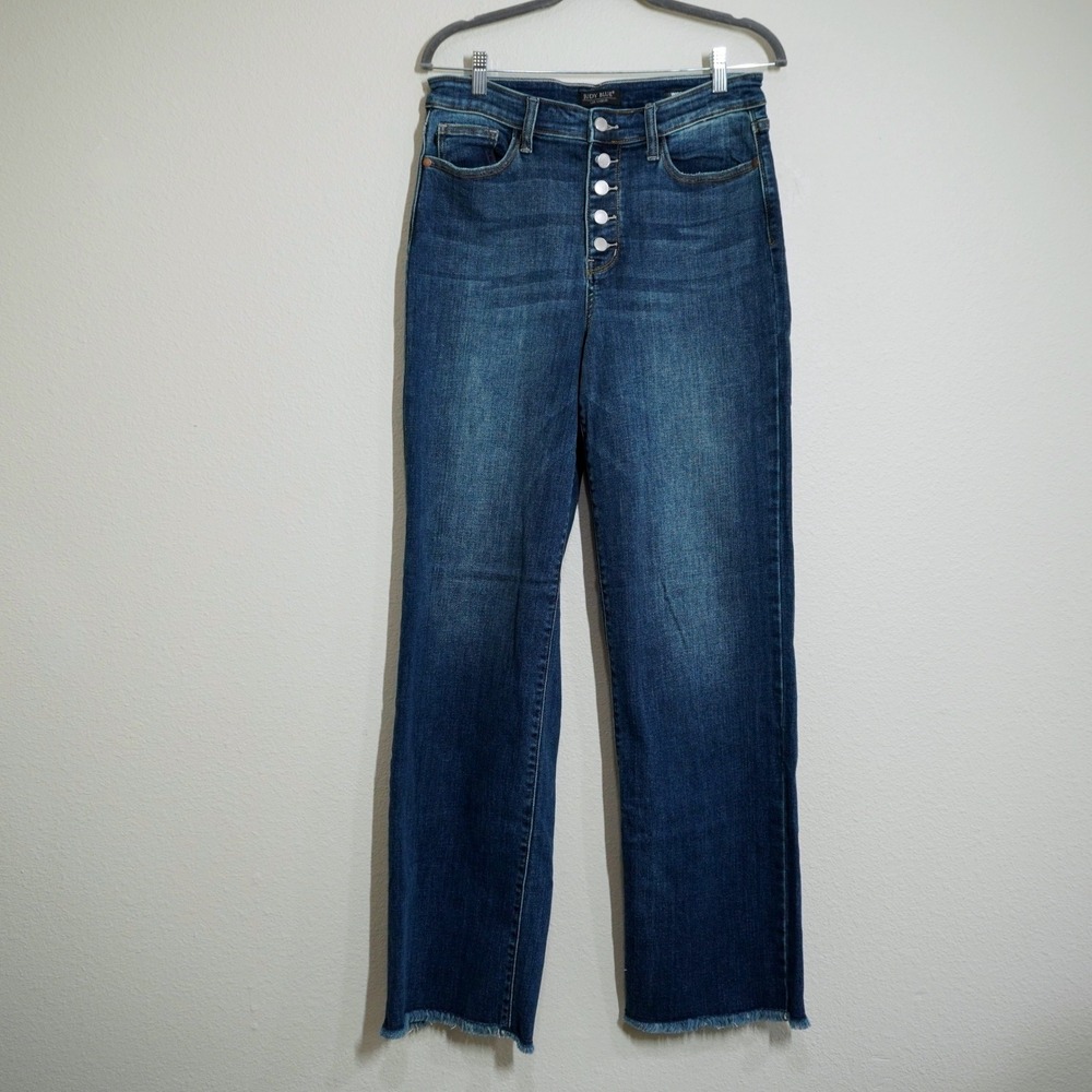 Judy Blue 11/30 Wide Leg Jeans Dark Wash Frayed Hem Button Fly Casual Stretch